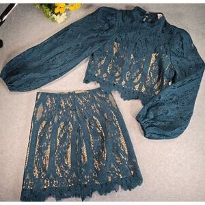 L'atiste Womens Teal Lace 2 Piece Set Crop Top Mini Skirt CTS7264A Size M